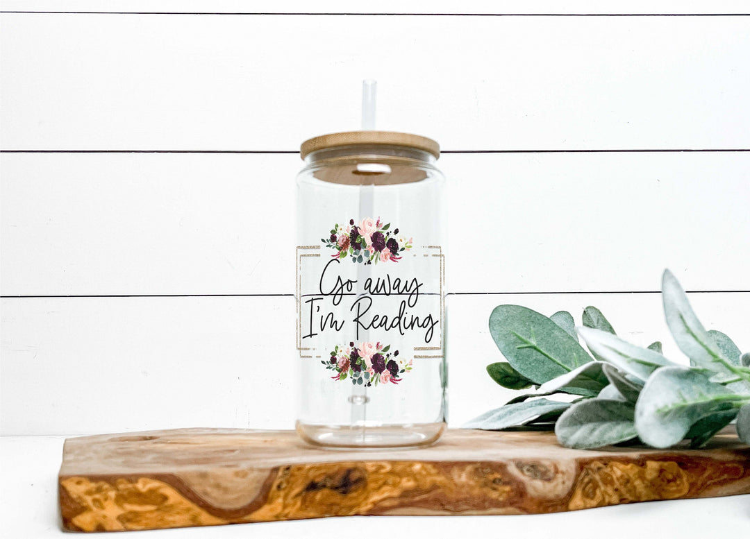 Go Away I’m Reading Glass Can Tumbler – Floral Frosted Cup with Bamboo Lid and Straw, Book Lover Gift, Funny Reader Mug, Cozy Drinkware
