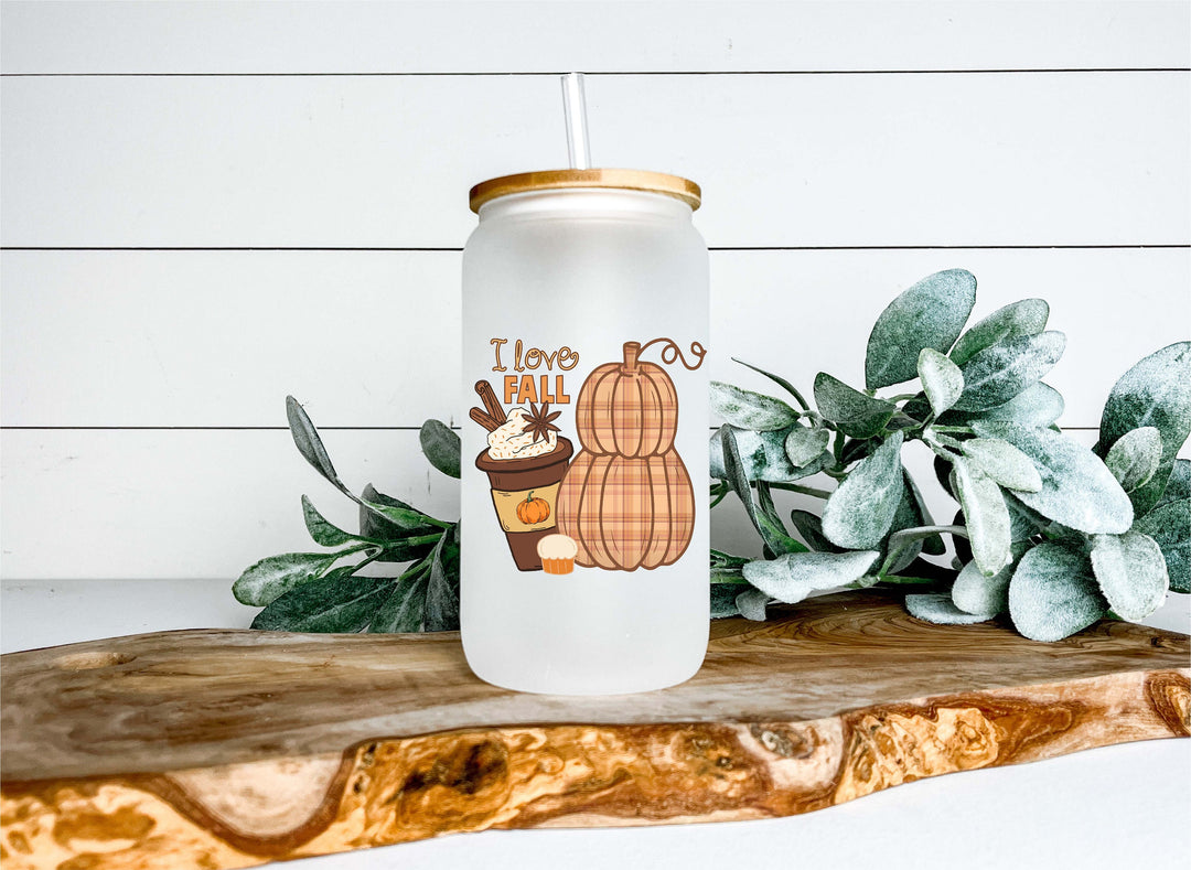 I Love Fall Frosted Glass Can Tumbler – Autumn Coffee Cup with Pumpkin Spice Plaid Pumpkin Design, Bamboo Lid & Straw, Fall Drinkware