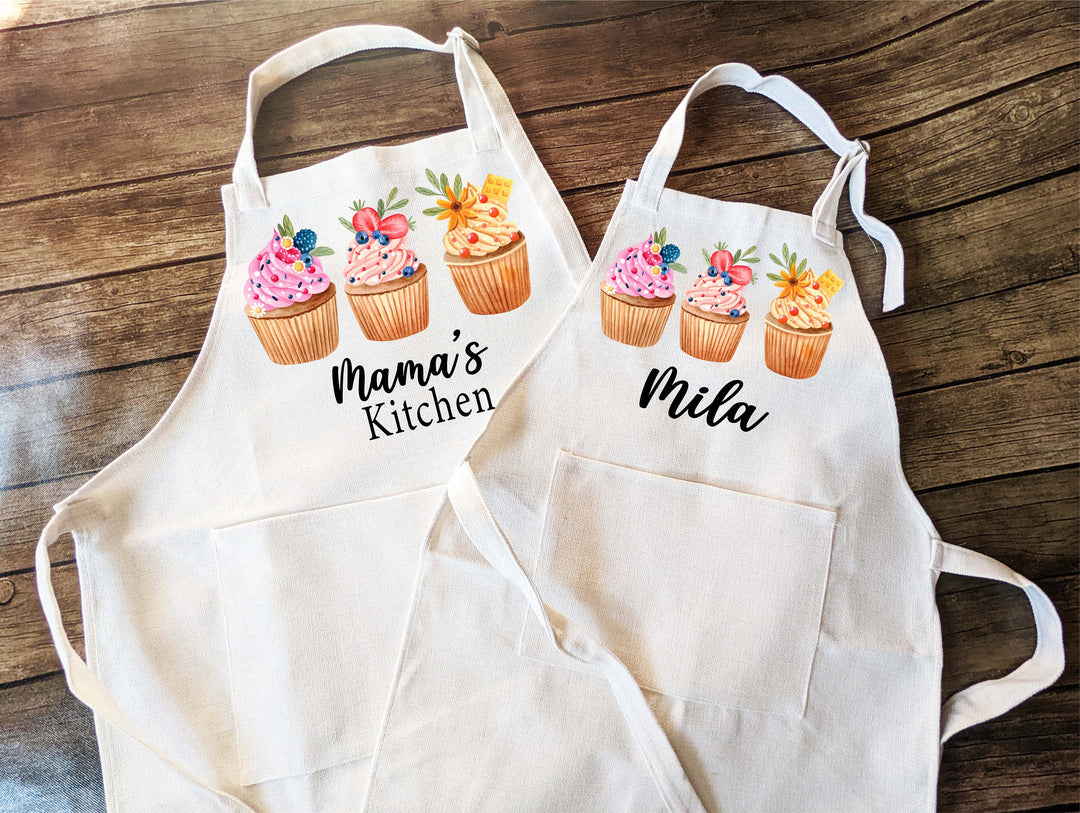 Cupcake Apron For Kids Adult With Pocket Mom Daughter Matching