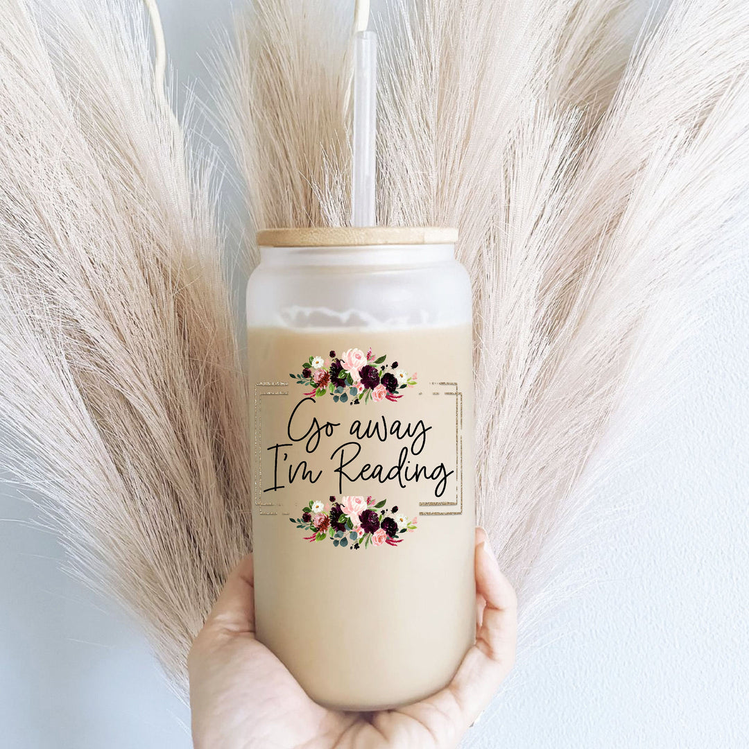 Go Away I’m Reading Glass Can Tumbler – Floral Frosted Cup with Bamboo Lid and Straw, Book Lover Gift, Funny Reader Mug, Cozy Drinkware