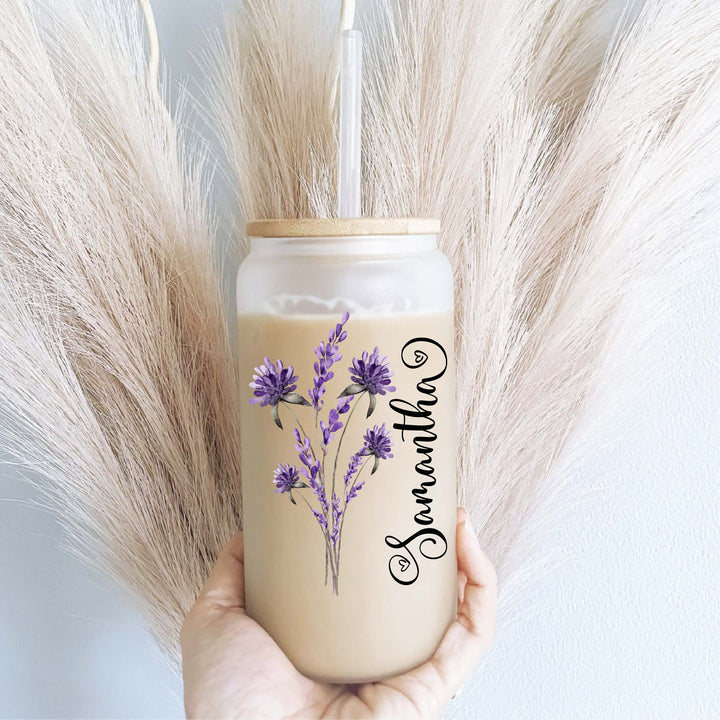 Lavender Iced Coffee Cups With Name Lid Glass Tumbler