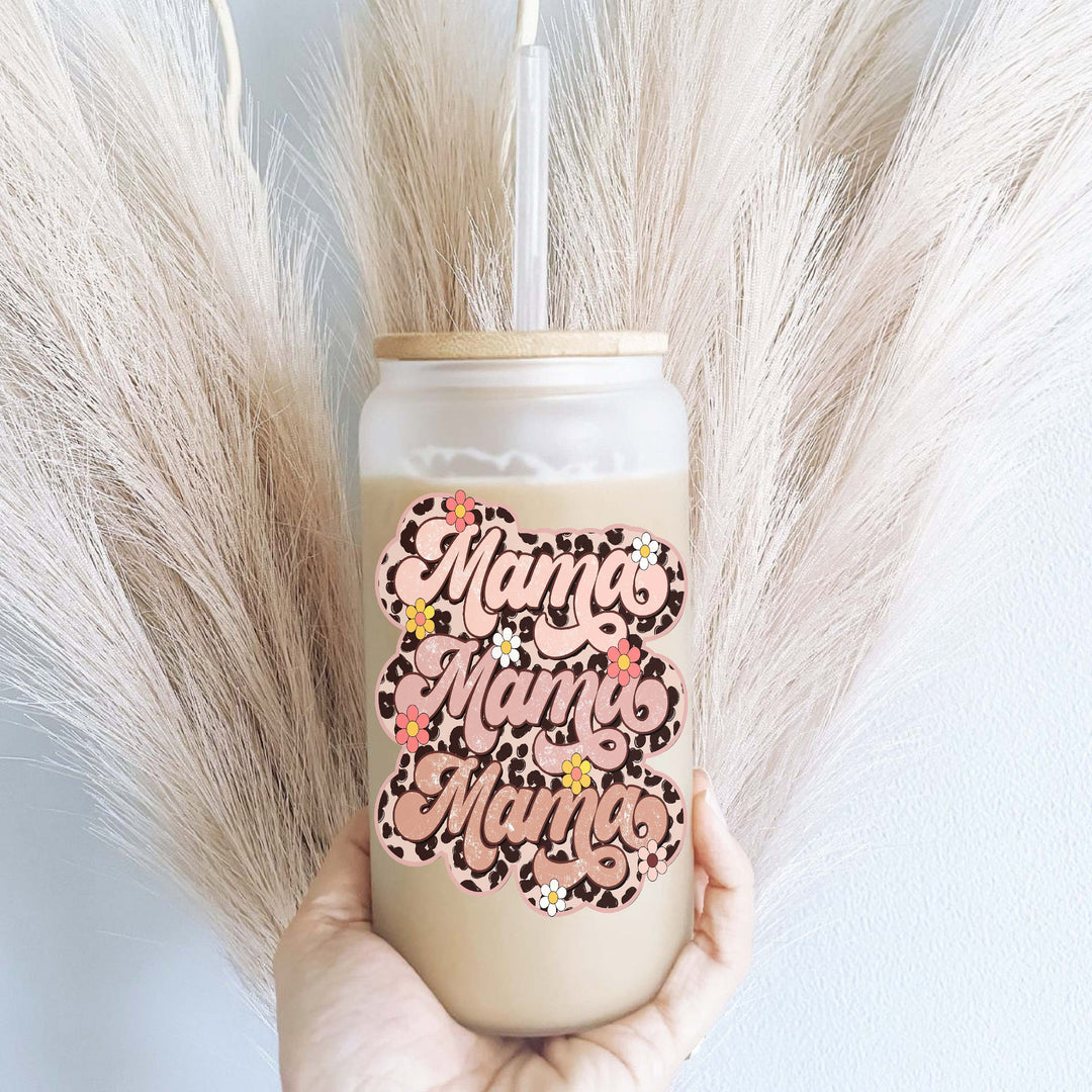Retro Mama Iced Coffee Glass Cup with Lid and Straw Gift