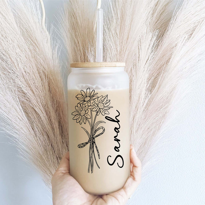 Wild Daisy Flower Iced Coffee Cup With Name Glass Tumbler