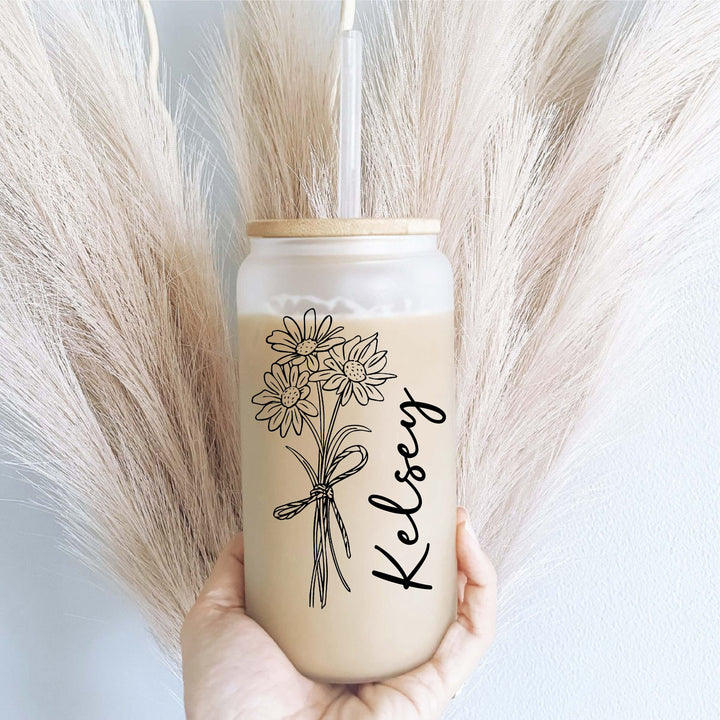 Wild Daisy Flower Iced Coffee Cup With Name Glass Tumbler