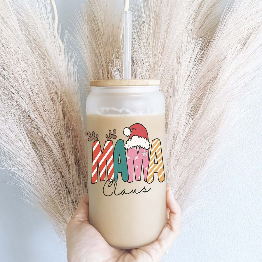 Mama Claus Iced Coffee Glass Cup with Lid and Straw Tumbler