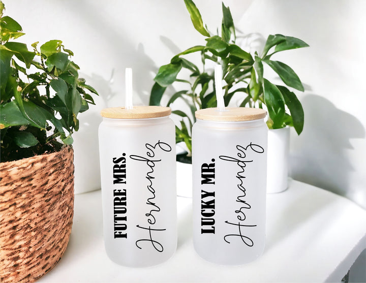 Personalized Couple Gift Set Future Mrs and Lucky Mr Iced Coffee Cup Lid and Straw