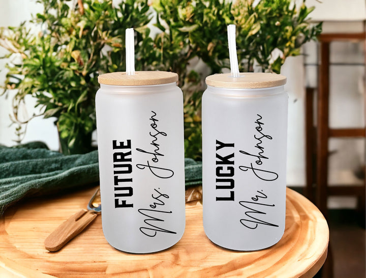 Personalized Couple Gift Set Future Mrs and Lucky Mr Iced Coffee Cup Lid and Straw