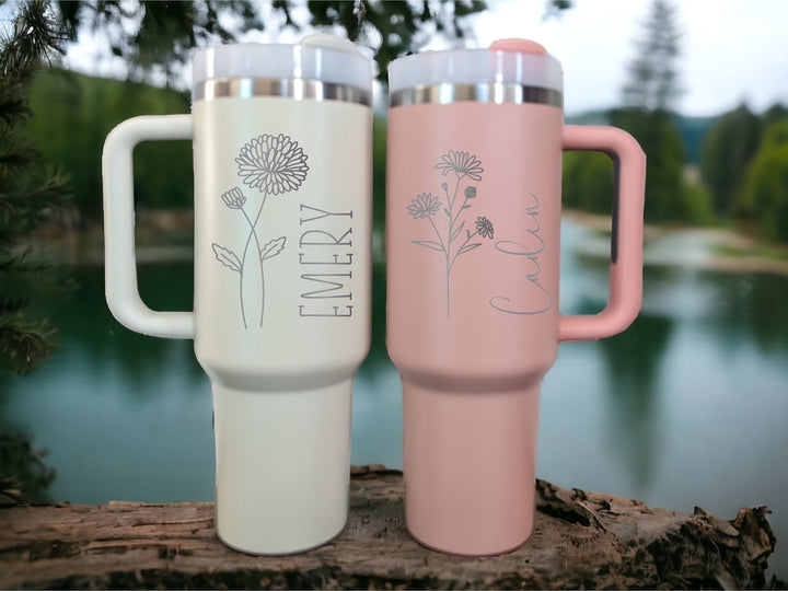 Birth Flower Gift Tumbler 40oz Personalized Handle Gift
