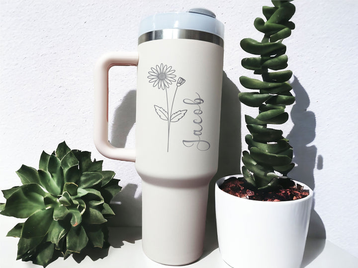 Birth Flower Gift Tumbler 40oz Personalized Handle Gift