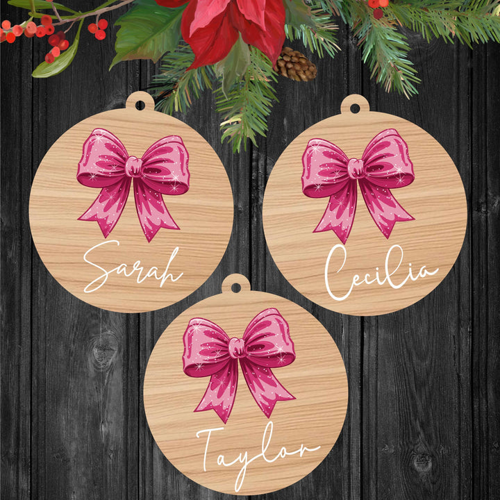 Personalized Coquette Bow Wooden Christmas Ornament Custom Family Name Tree Decoration