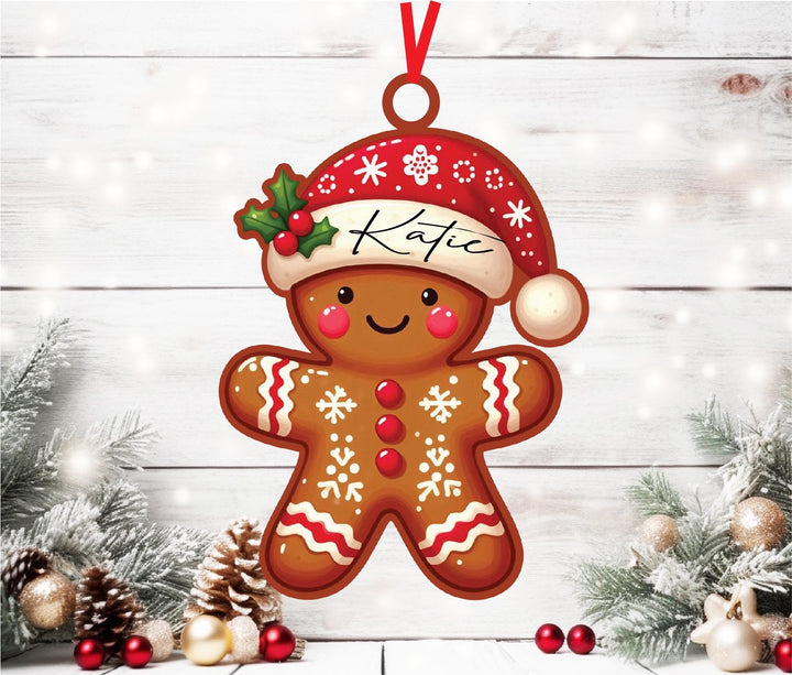 Personalized Family Name Ornament Gingerbread Man Santa Hat