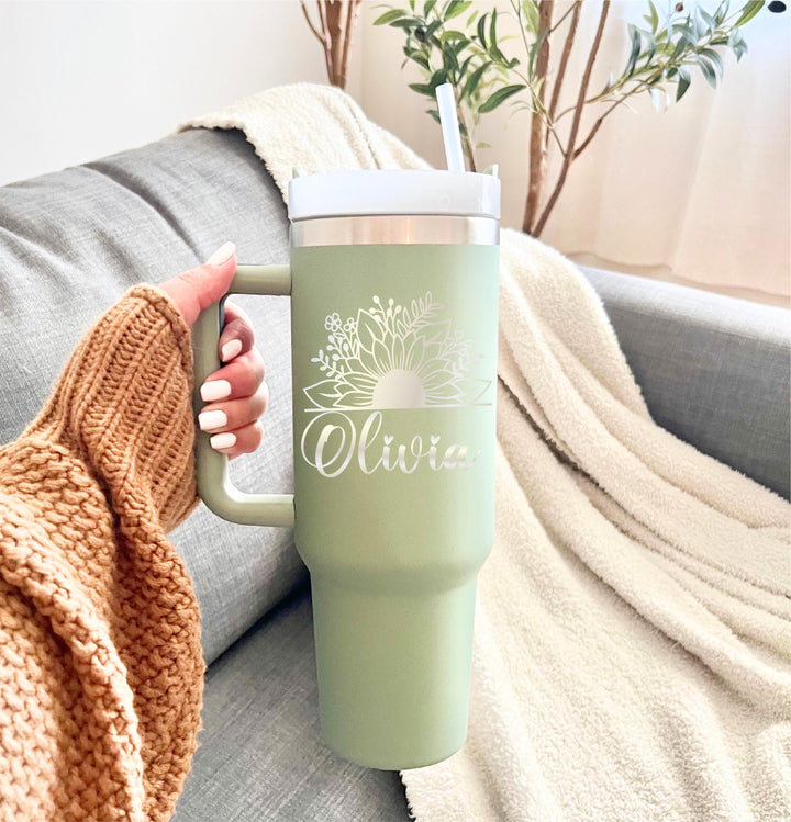 Sunflower Name Tumbler with Handle 40 oz Custom Gift