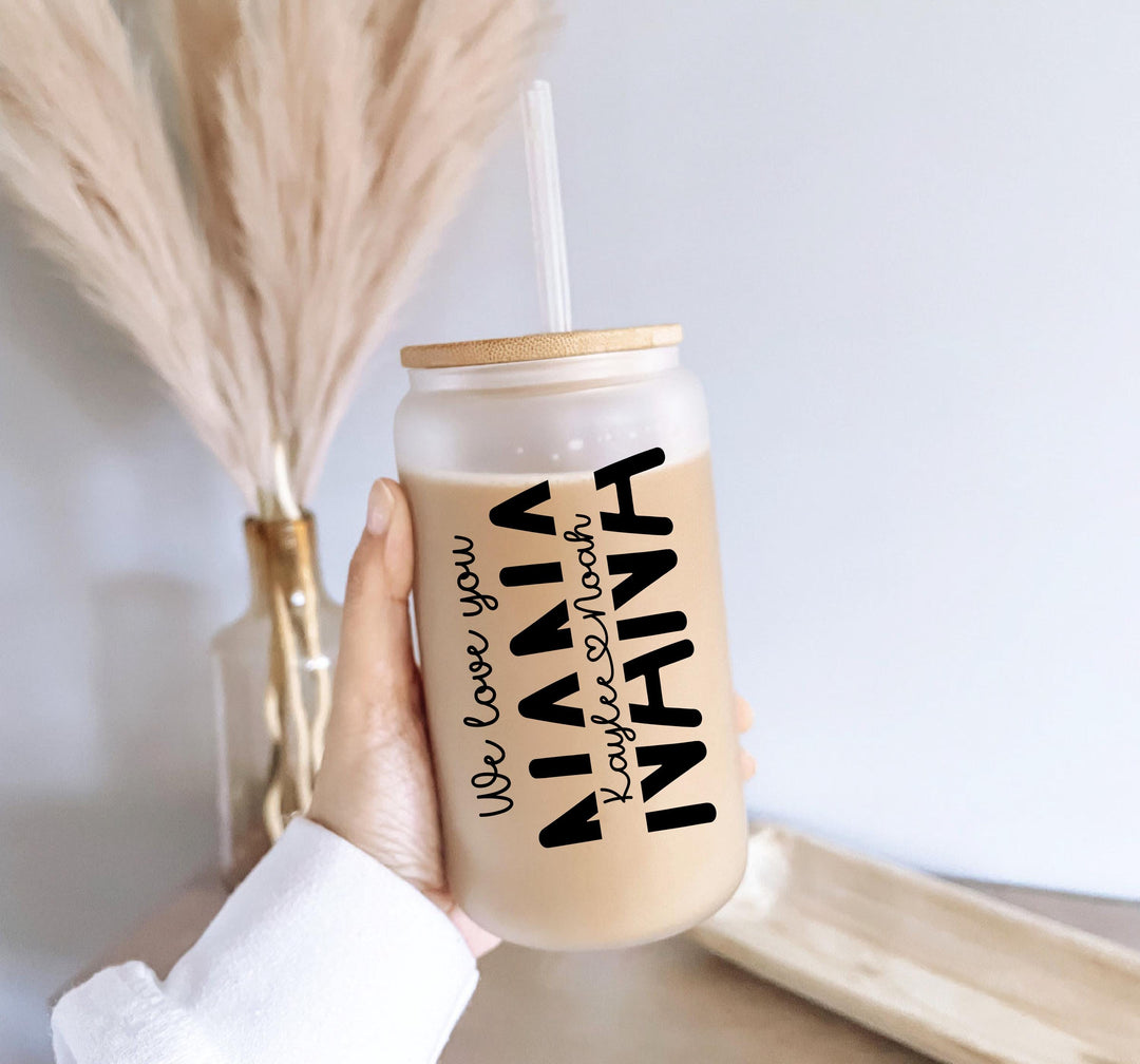 Personalized Mom Glass Cup with Lid We Love You Mom