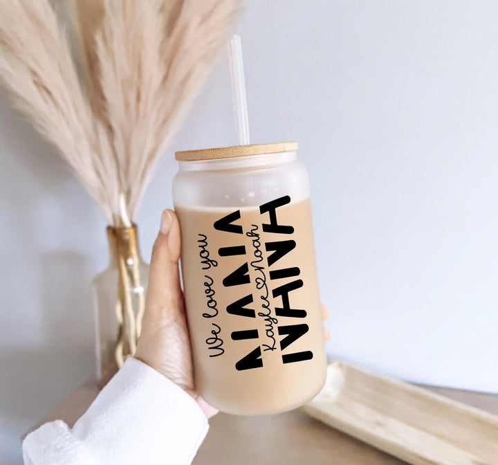 Personalized Mom Glass Cup with Lid We Love You Mom