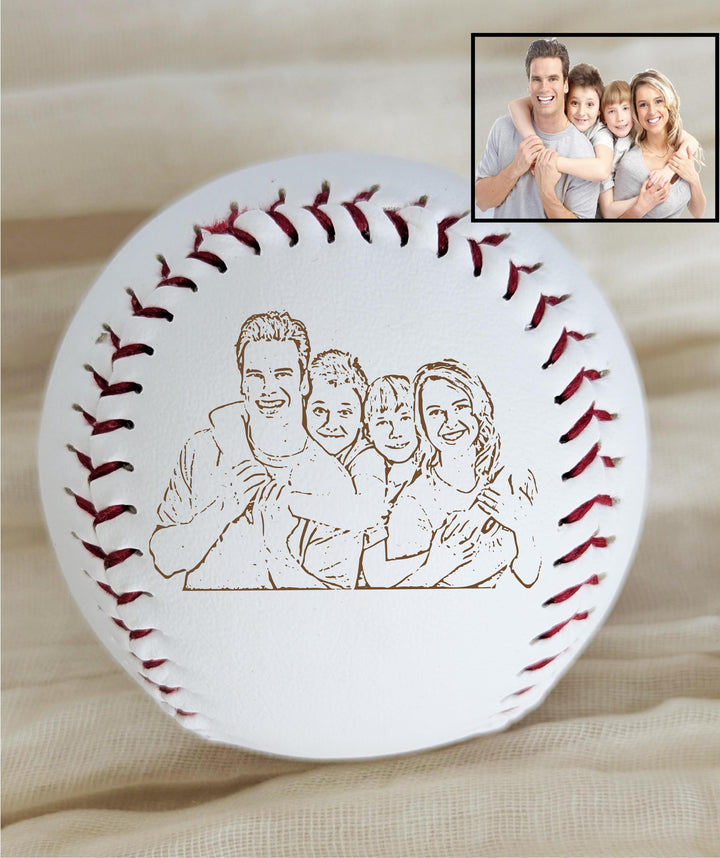 Personalized Photo Baseball Gift: Engraved Leather Keepsake for Dad with kids name