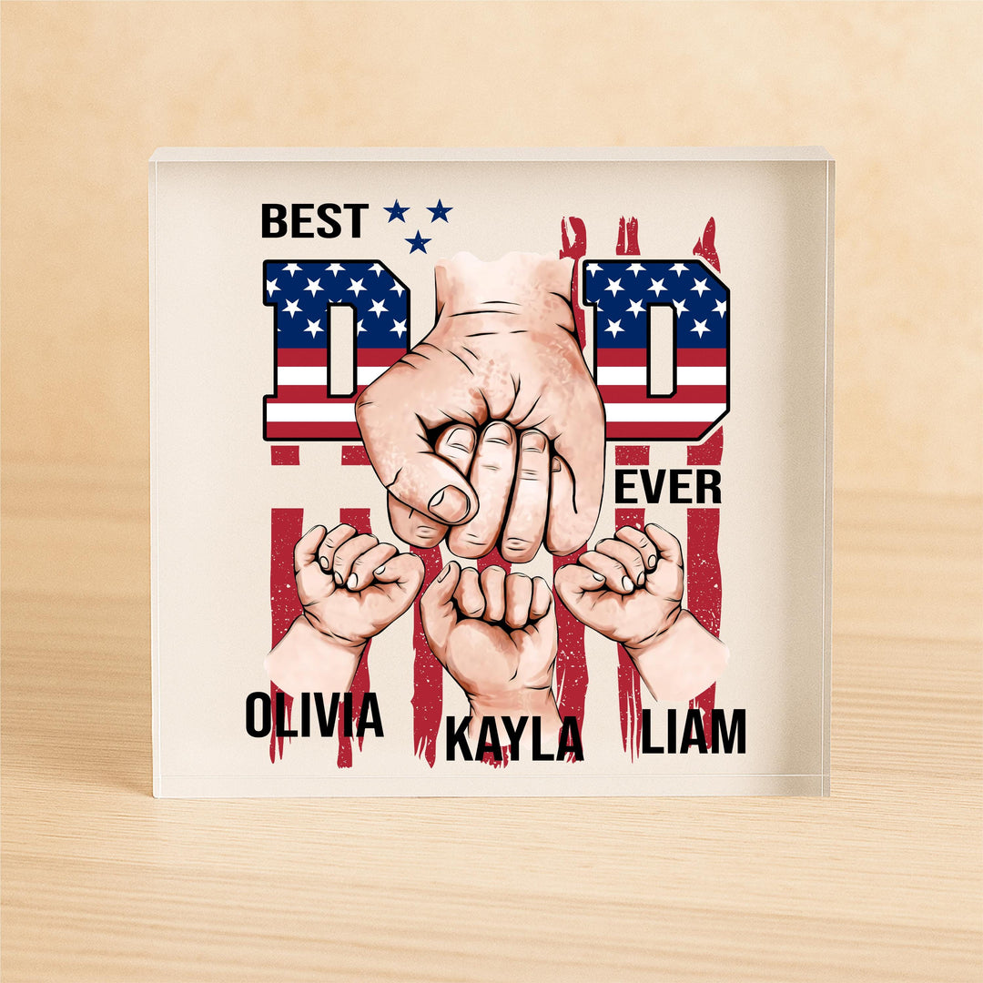 Personalized dad hand fist with kids US flag theme Acrylic Block fathers day gift idea Gifts from kids to dad Husband gift for work table