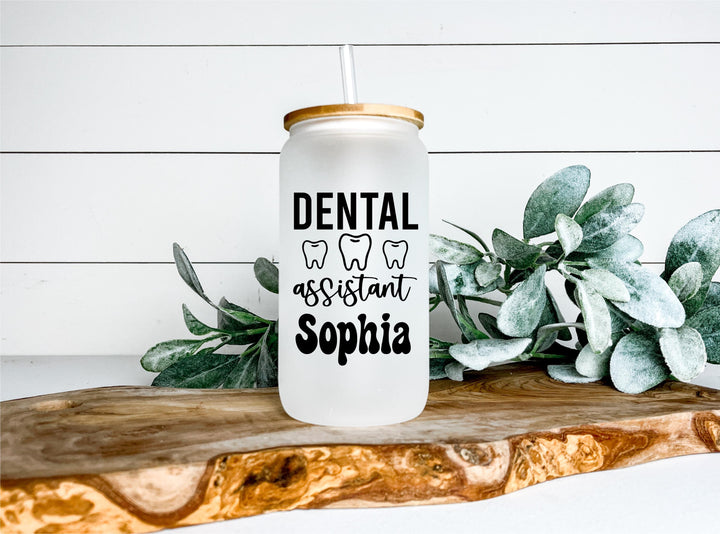 Floral Iced Coffee Tumbler Gift for Dental Staff, Nurses, and Healthcare Workers Personalized 16oz Frosted Glass Cup with Name