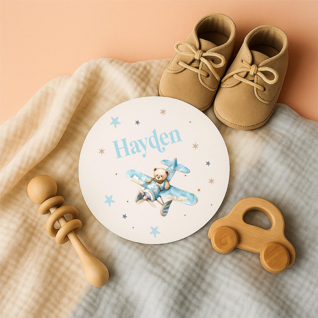 Personalized Acrylic Baby boy Name Sign Blue Airplane Nursery Decor with Teddy Bear, Custom Newborn Gift, Baby Shower Keepsake, Photo Prop