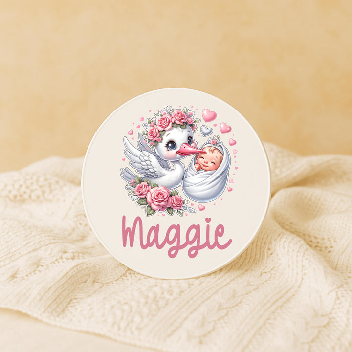 Personalized Stork Baby Name Sign – Custom Newborn Gift, Baby Girl Nursery Decor, Birth Announcement Keepsake, Maggie Baby Name Plaque