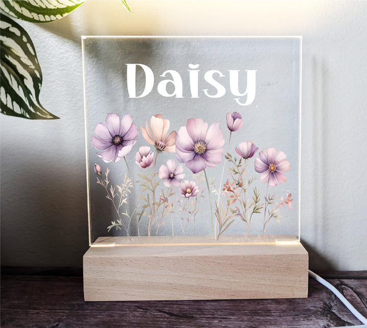 Custom Floral Name Night Light: Baby Girl Nursery Decor, Personalized LED Lamp