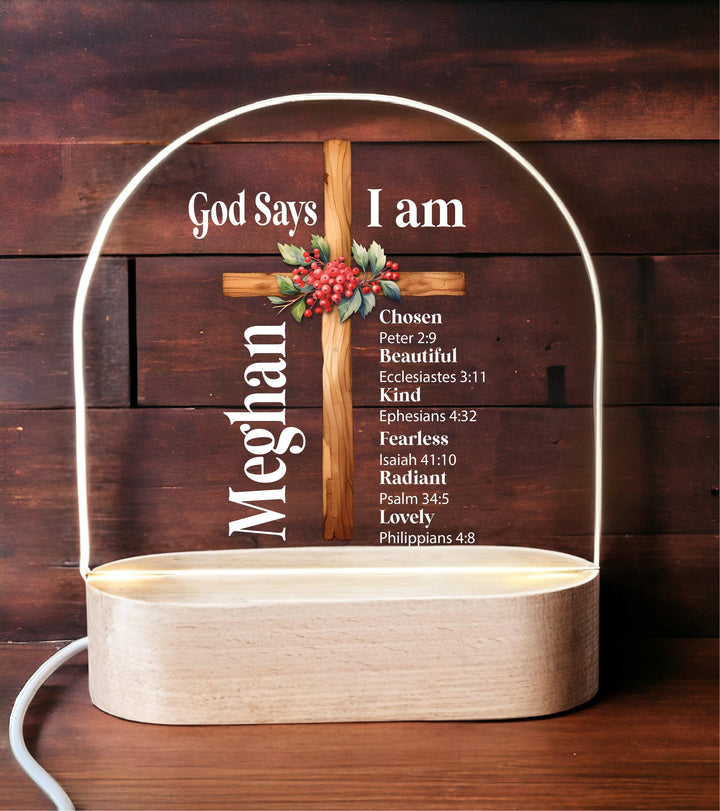 Personalized Christian Night Light for kids Baptism gift God Says I Am Cross Light First Communion Gift Custom Bible Verse Acrylic Light