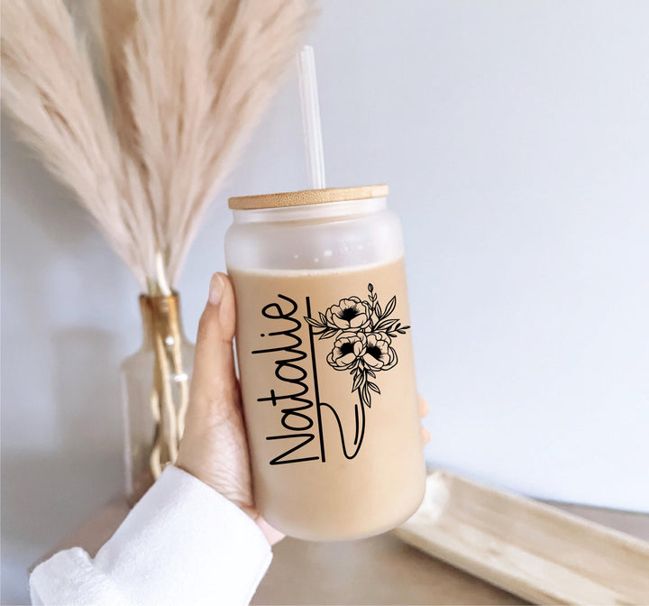 Floral Iced Coffee Tumbler Gift for Dental Staff, Nurses, and Healthcare Workers Personalized 16oz Frosted Glass Cup with Name