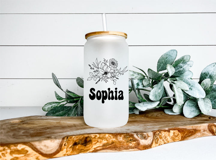 Custom Name Frosted Glass Can Tumbler – Floral Iced Coffee Cup with Bamboo Lid and Straw, Personalized Aesthetic Gift for Her or Friend