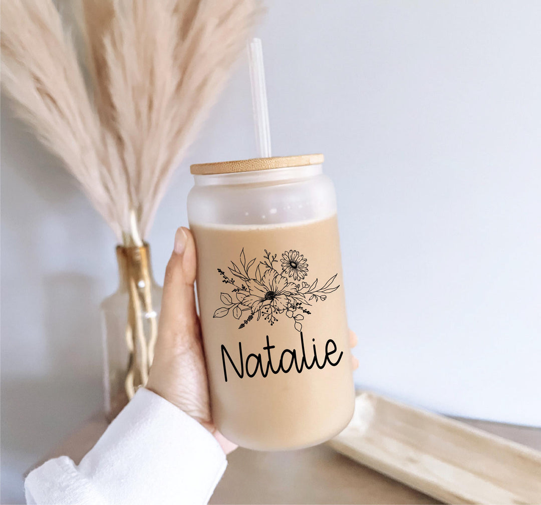 Custom Name Frosted Glass Can Tumbler – Floral Iced Coffee Cup with Bamboo Lid and Straw, Personalized Aesthetic Gift for Her or Friend