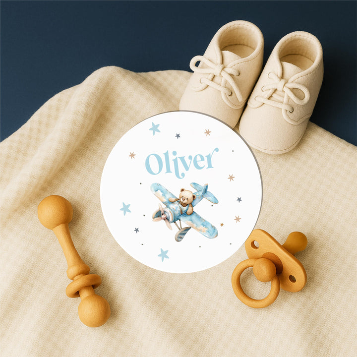Personalized Acrylic Baby boy Name Sign Blue Airplane Nursery Decor with Teddy Bear, Custom Newborn Gift, Baby Shower Keepsake, Photo Prop