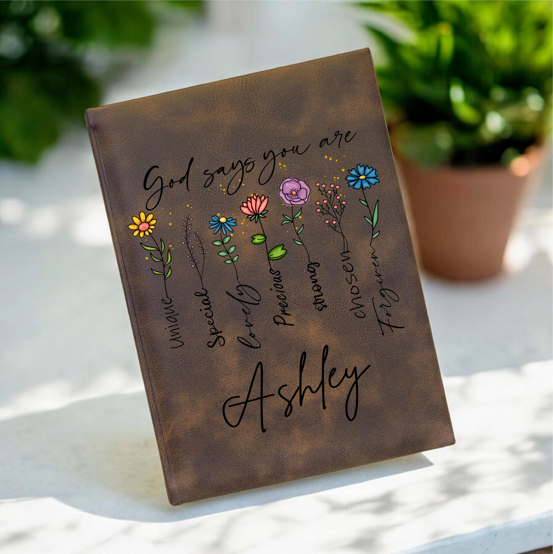 Personalized Faith Journal | God Says You Are Notebook | Custom Christian Gift for Her | Floral Leather Prayer Journal | Name Journal