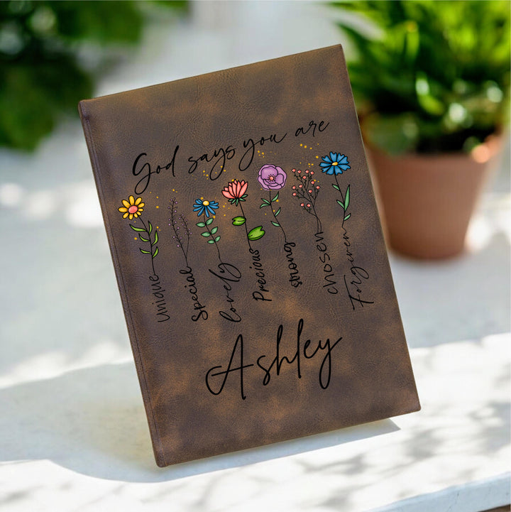 Personalized Faith Journal | God Says You Are Notebook | Custom Christian Gift for Her | Floral Leather Prayer Journal | Name Journal