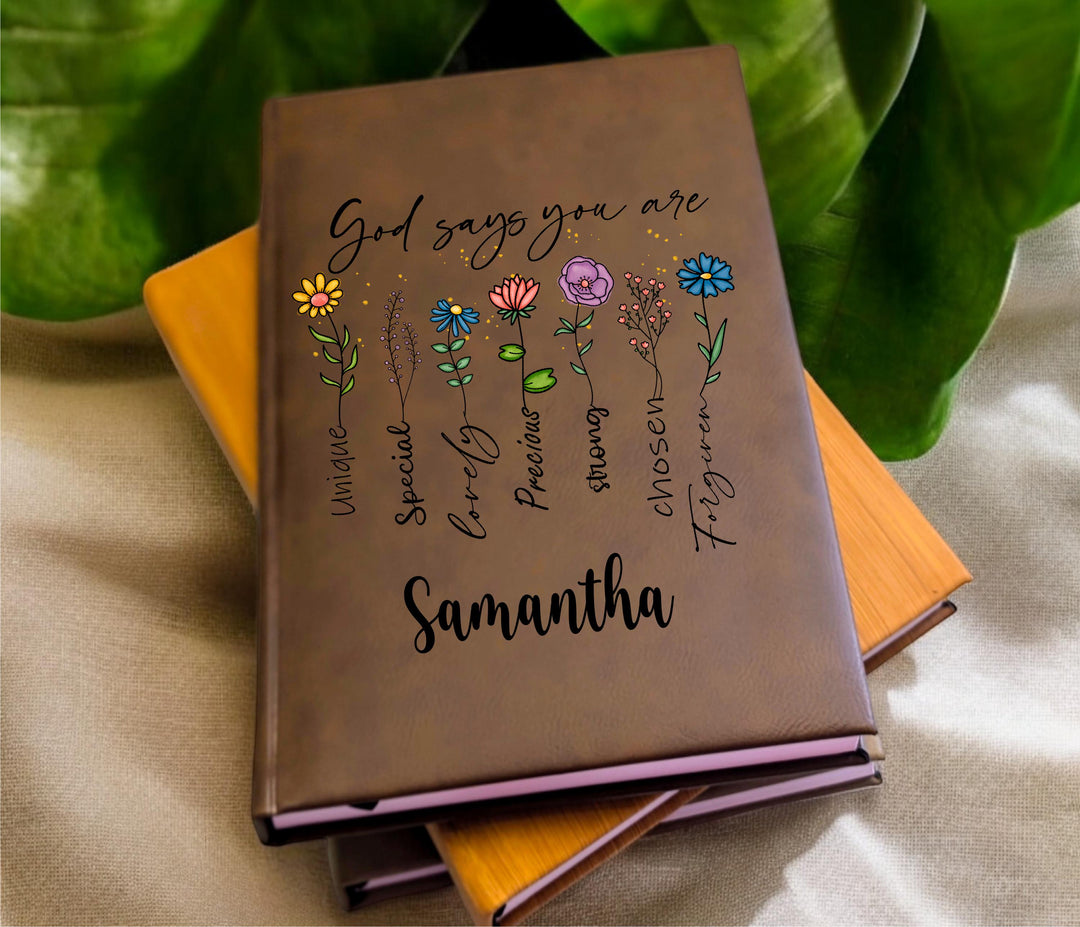 Personalized Faith Journal | God Says You Are Notebook | Custom Christian Gift for Her | Floral Leather Prayer Journal | Name Journal