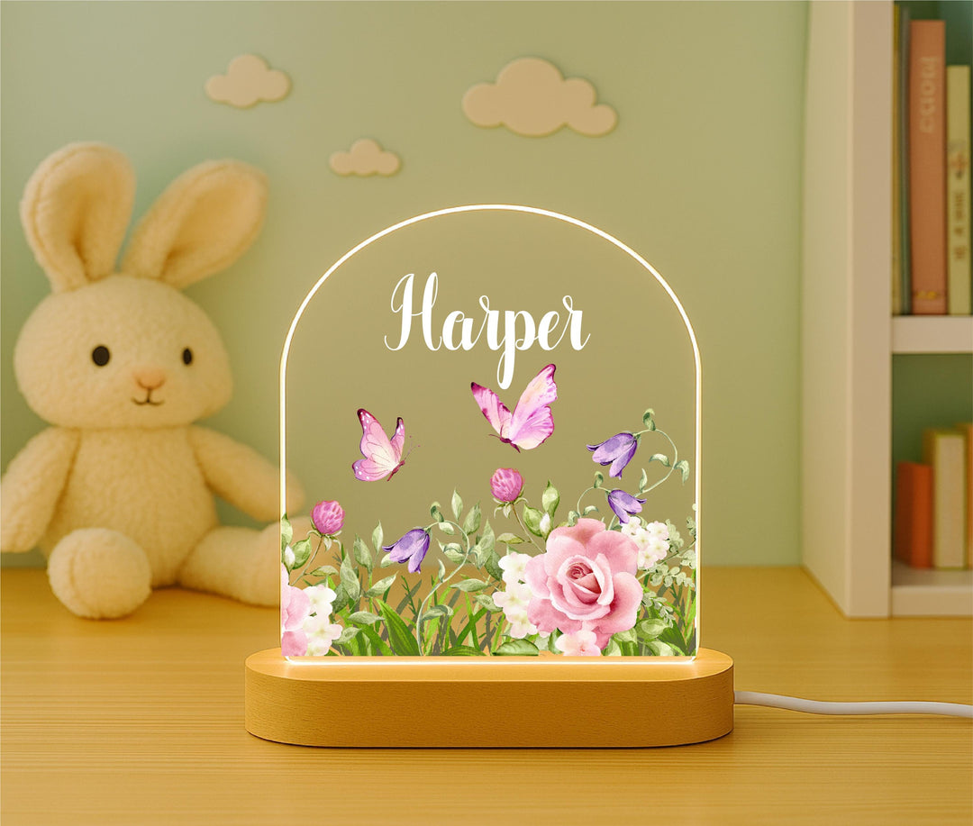 Personalized Baby Night Light: Custom Name, Flowers & Butterflies