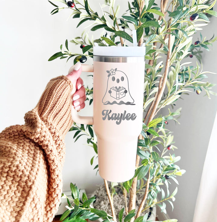 Personalized Ghost Tumbler: Bookish Halloween Coffee Mug, 40 Oz Cup with handle