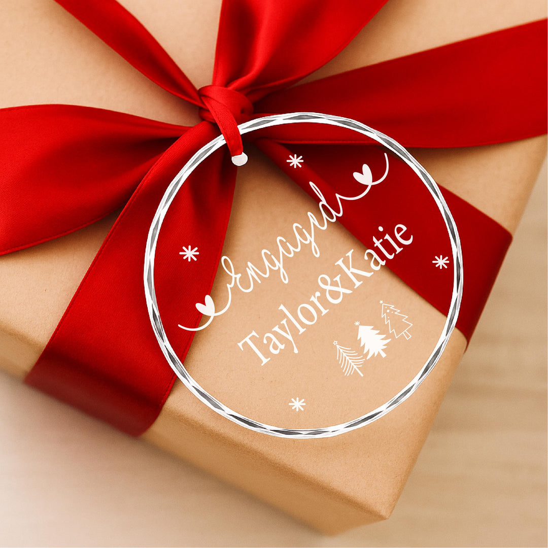 Personalized Engagement Ornament: Engraved Glass Heart, Christmas Keepsake