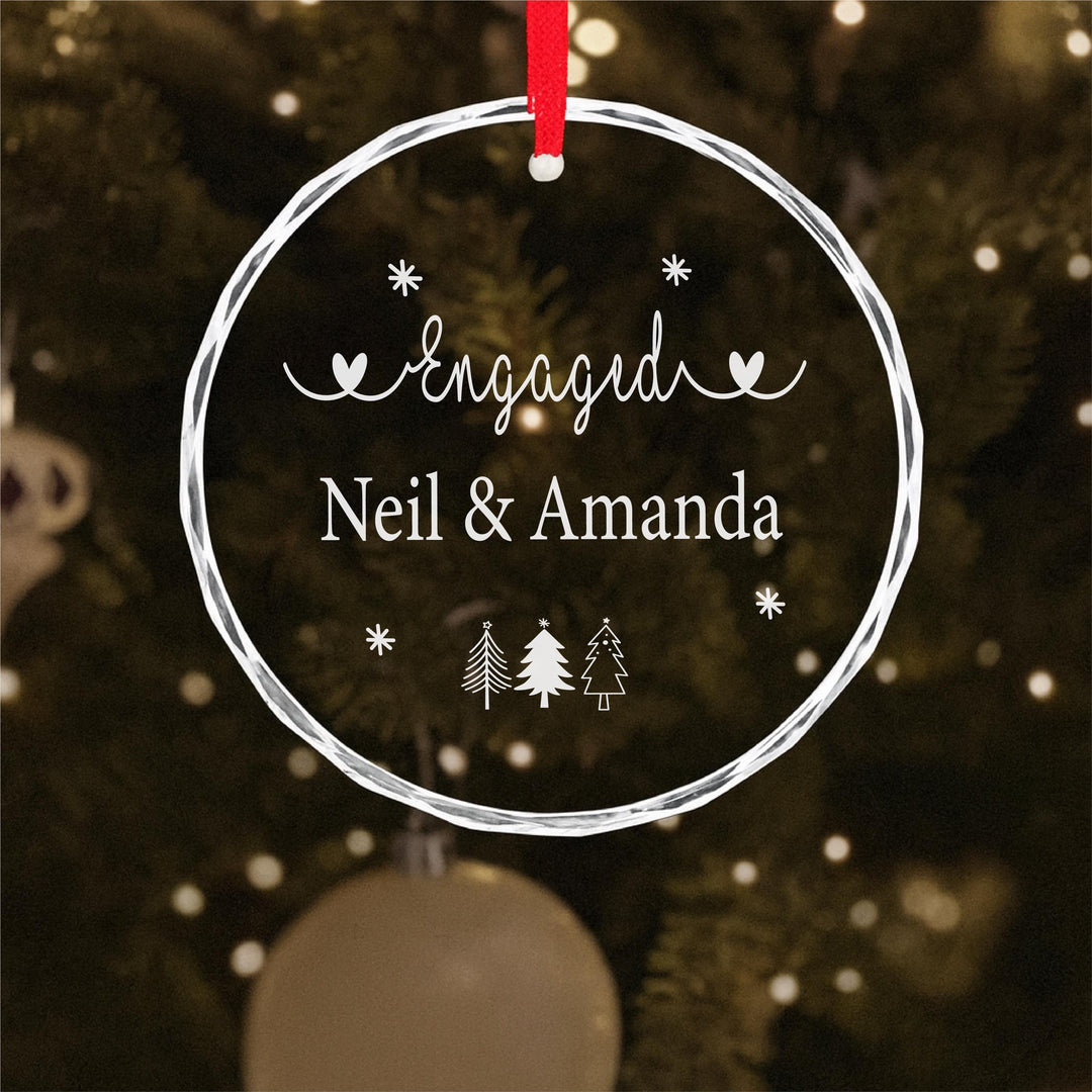 Personalized Engagement Ornament: Engraved Glass Heart, Christmas Keepsake