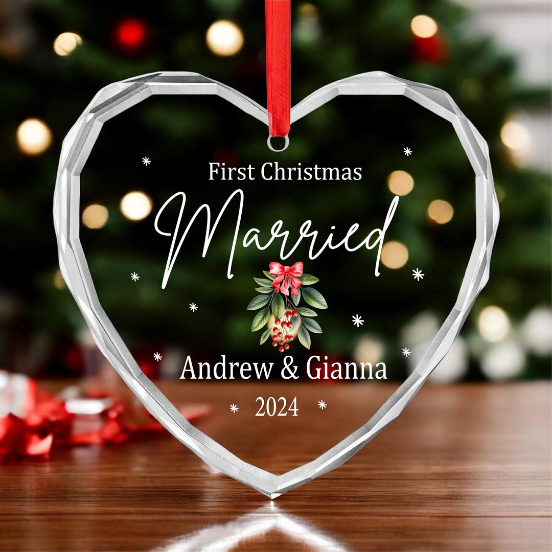 Personalized First Christmas Married Ornament: Engraved Crystal Glass Heart