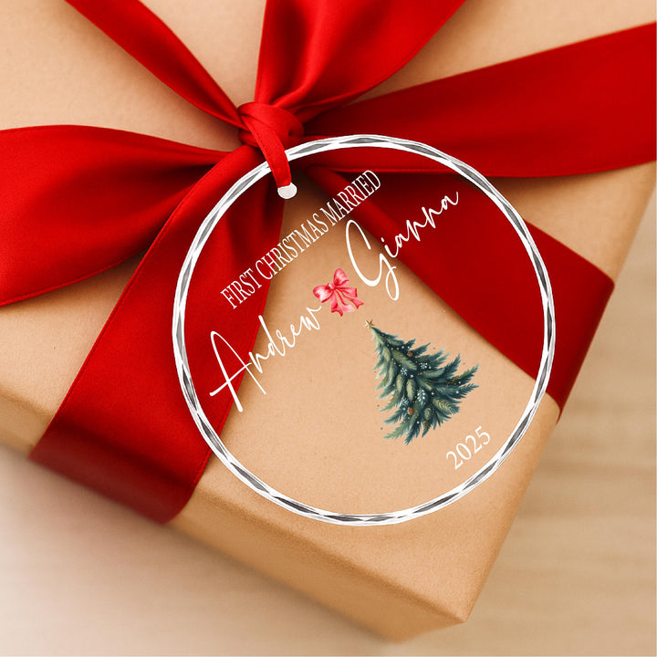 Personalized First Christmas Married Ornament: Clear Glass Newlywed Keepsake