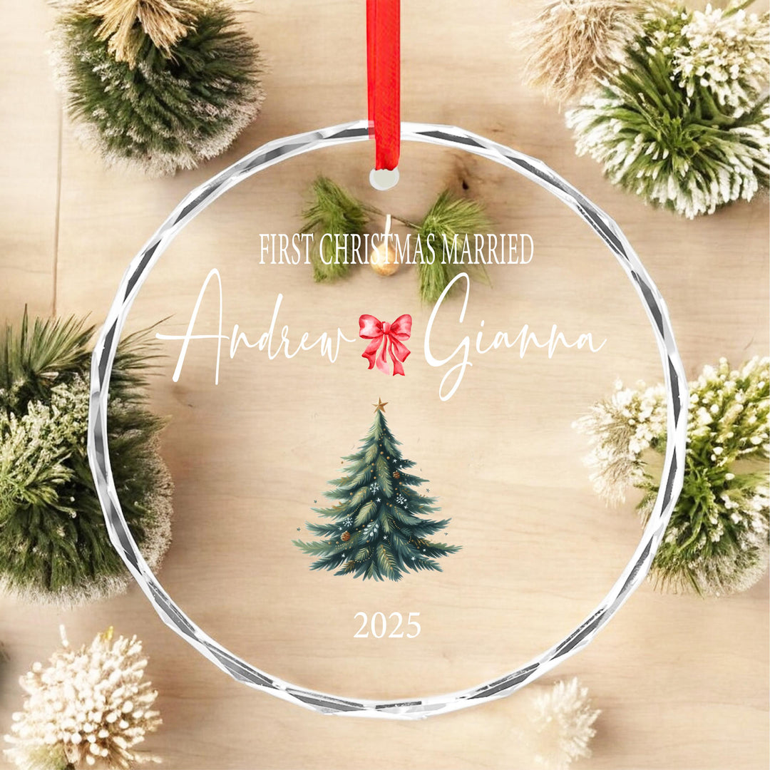 Personalized First Christmas Married Ornament: Clear Glass Newlywed Keepsake