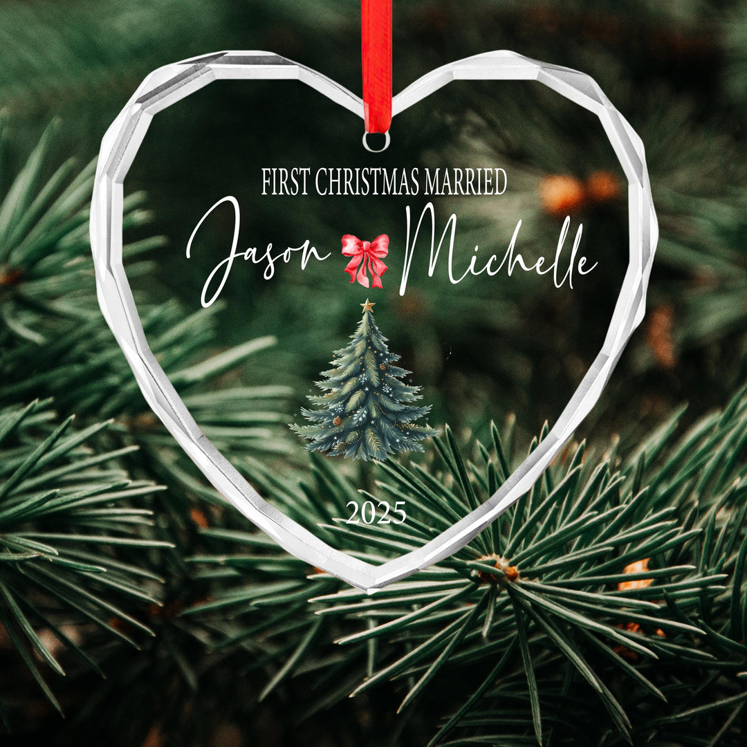 Personalized First Christmas Married Ornament: Clear Glass Newlywed Keepsake