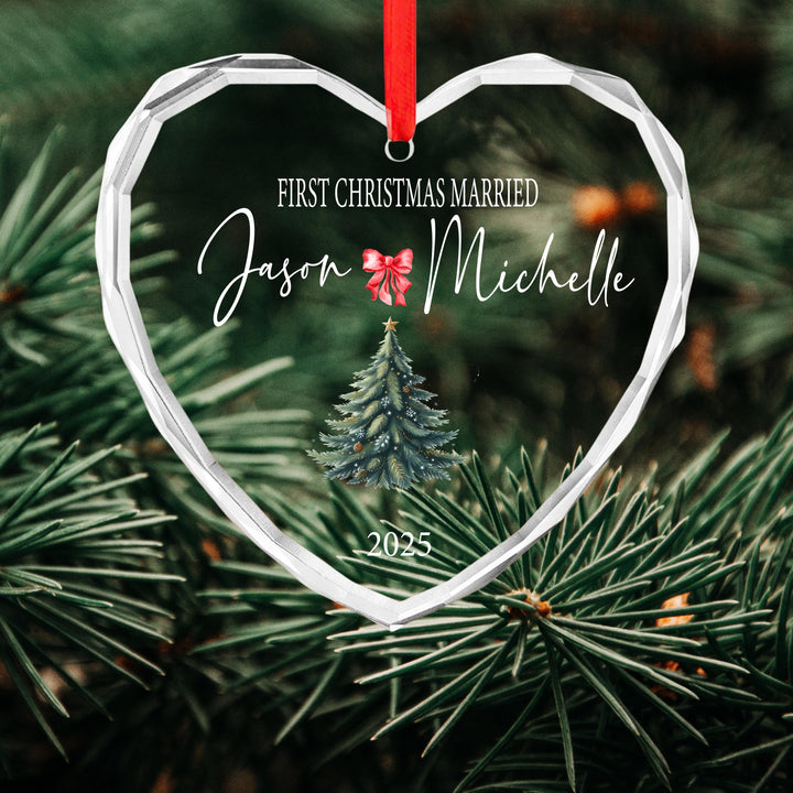 Personalized First Christmas Married Ornament: Clear Glass Newlywed Keepsake