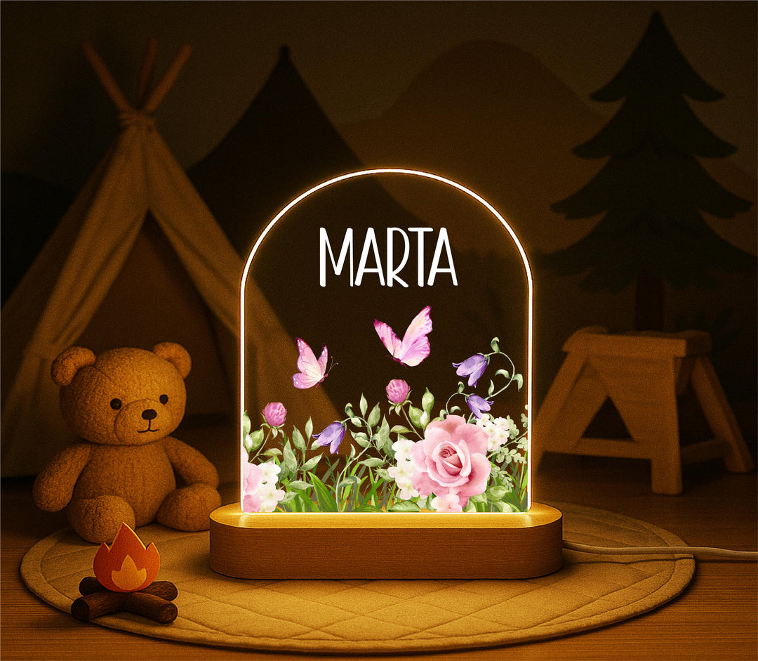 Personalized Baby Night Light: Custom Name, Flowers & Butterflies