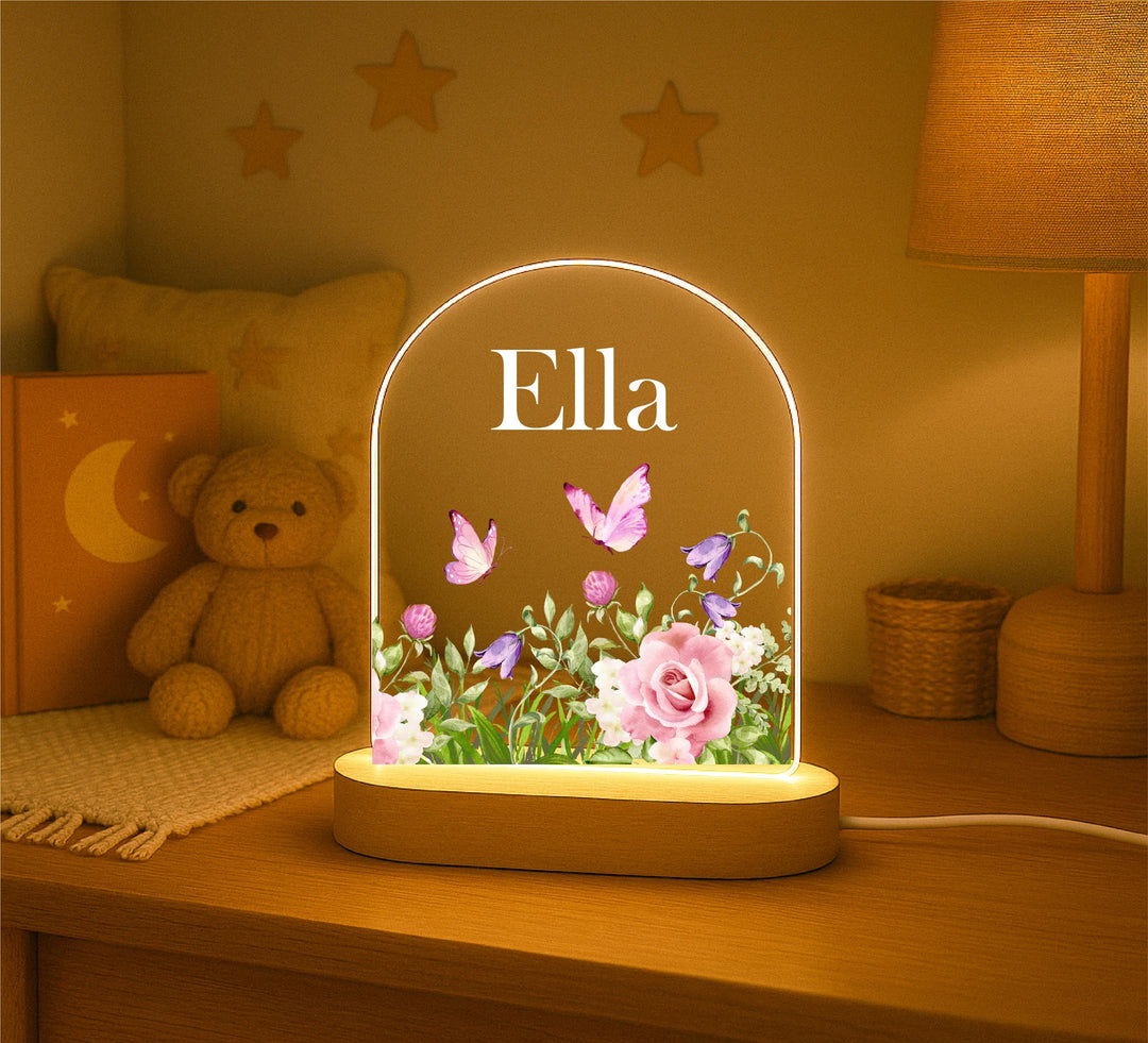 Personalized Baby Night Light: Custom Name, Flowers & Butterflies