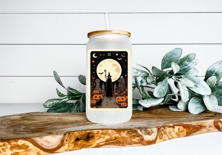 Witch & Pumpkin Scene, Spooky Moon Tumbler, Gothic Halloween Gift for Coffee Lovers