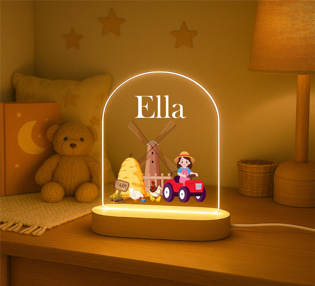 Personalized Farm Animal Nursery Night Light - Custom Tractor LED Lamp