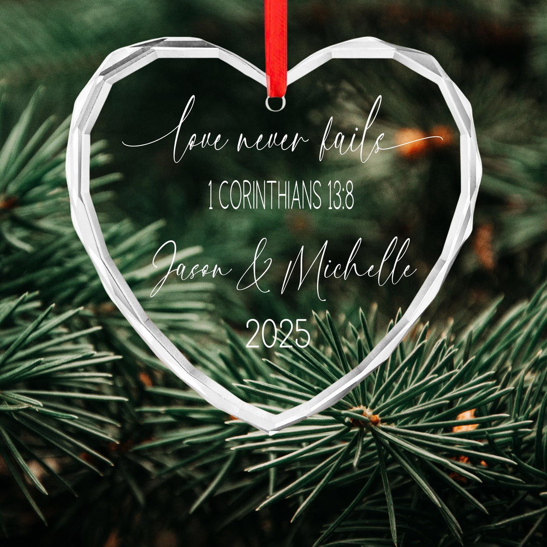 Personalized Glass Heart Christmas Ornament: Engraved Couple Names, Wedding Keepsake