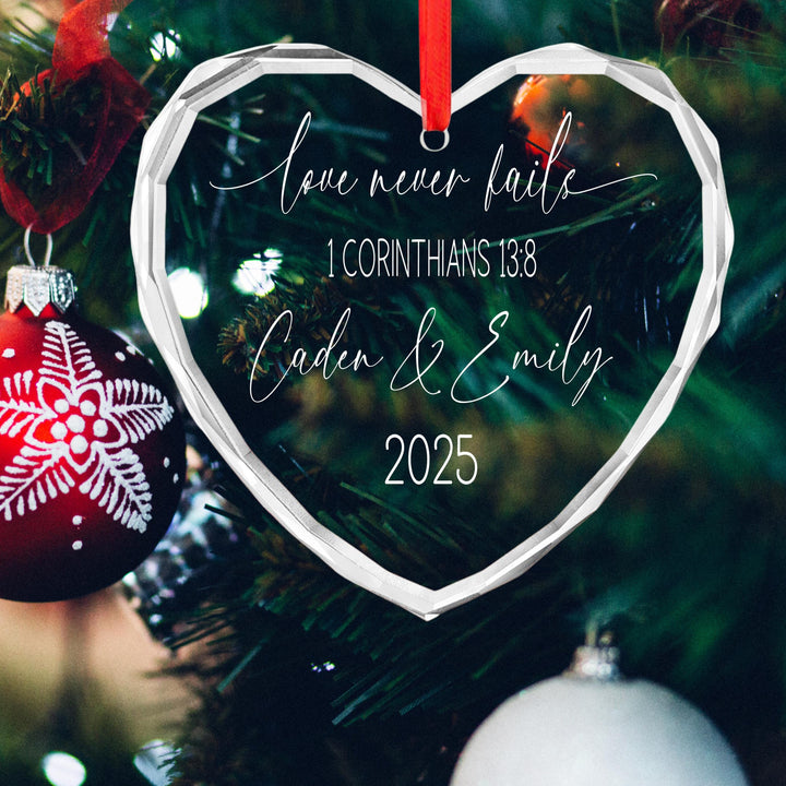 Personalized Glass Heart Christmas Ornament: Engraved Couple Names, Wedding Keepsake