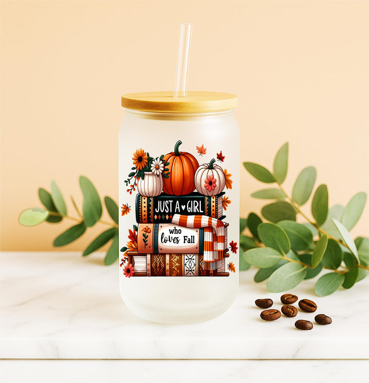 Personalized Fall bool lover Frosted Glass Tumbler: Pumpkin Spice Coffee Cup