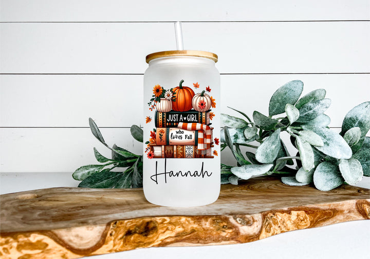Personalized Fall bool lover Frosted Glass Tumbler: Pumpkin Spice Coffee Cup