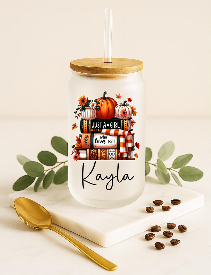 Personalized Fall bool lover Frosted Glass Tumbler: Pumpkin Spice Coffee Cup